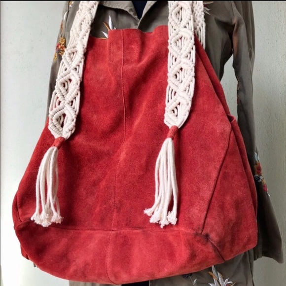 Free People Handbags - Free People Purse XL Suede Red Hobo Macramé Slouch Bag